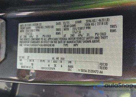 2016 Ford Escape Se z USA, uszkodzony, nr VIN 1FMCU0GX1GUB92838